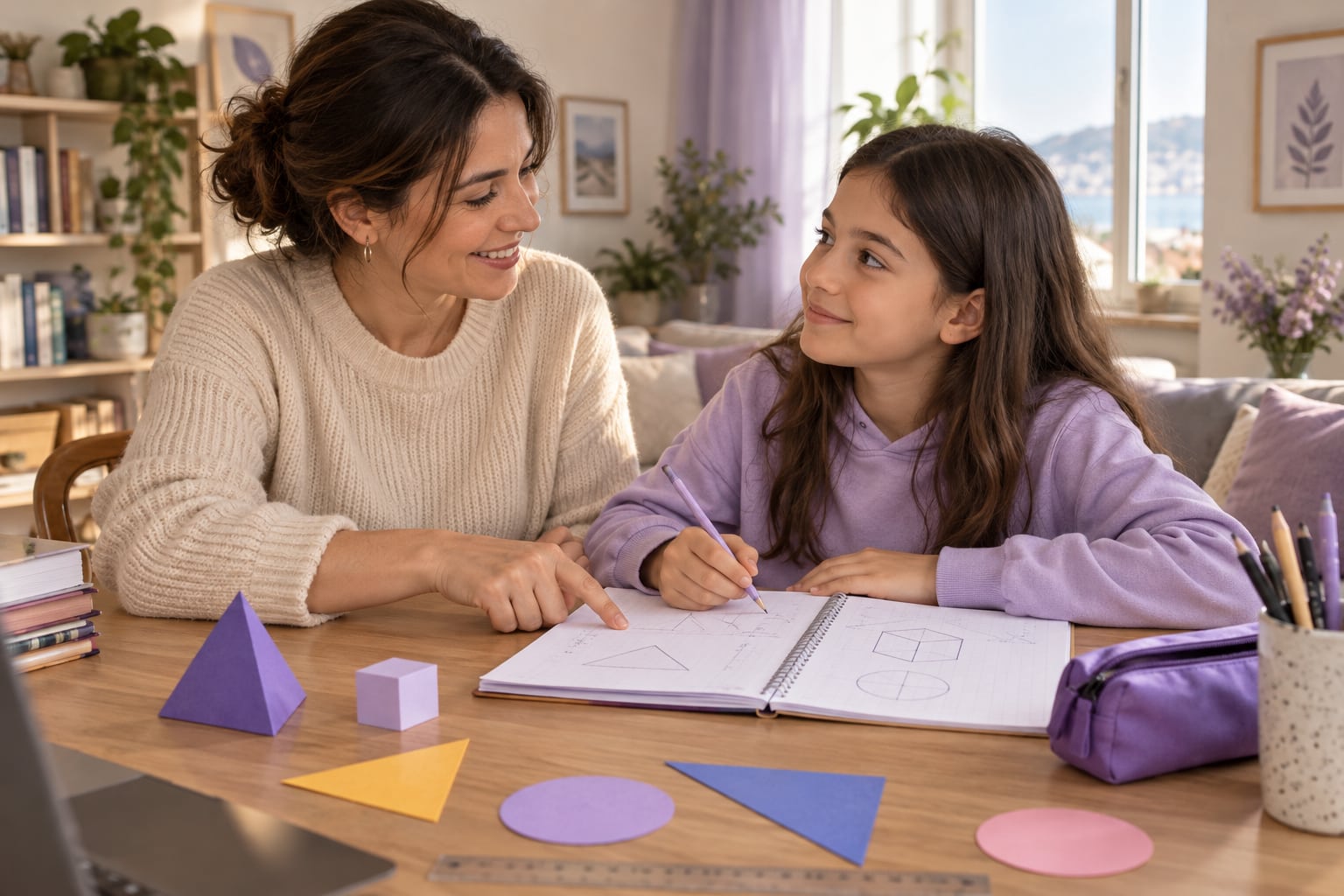 Ebeveyn ve çocuğun geometrik şekilleri birlikte incelemesi; temsili görsel