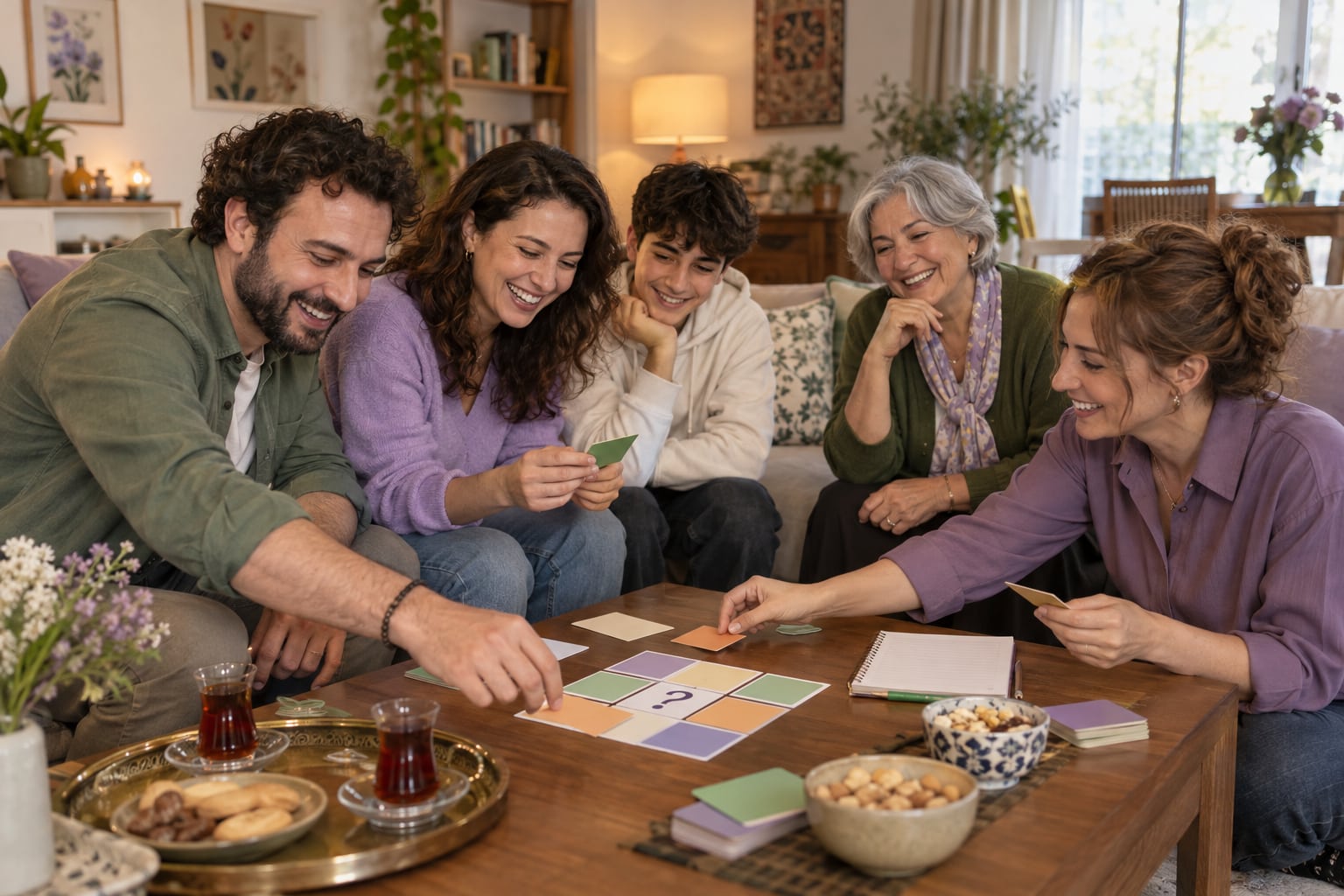 Dostlar ve aile bireylerinin birlikte bilgi oyunu oynaması; temsili görsel